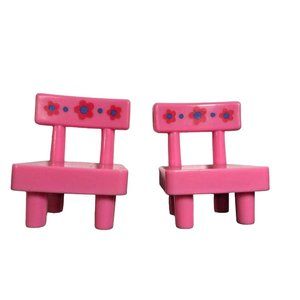 Lot Of 2 Vintage Pink Chairs With Red & Blue Flowers Mattel Dollhouse Furniture